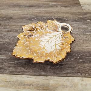 Vintage 50s Leaf Ceramic Catch-All Dish Cream Gold